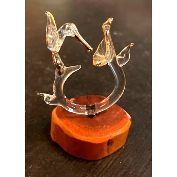 Vtg Handblown Glass Humming Bird on Burl Wood Base Gold Trim 3" Tall - Picture 1 of 4